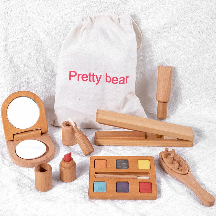 Spiel-Make-up-Set aus Holz für Mädchen – simulierte Schönheitsprodukte mit Lippenstift und Lidschatten – perfektes Geschenk für Kleinkinder