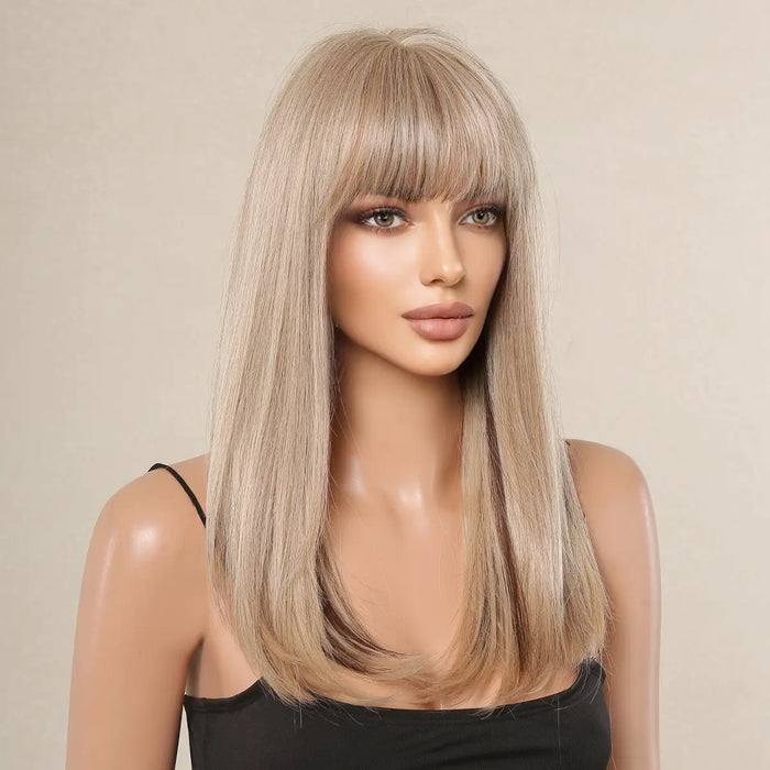 Perruque blonde avec mèches brunes – Perruque synthétique longue et lisse pour femme, aspect naturel avec frange, résistante à la chaleur pour cosplay