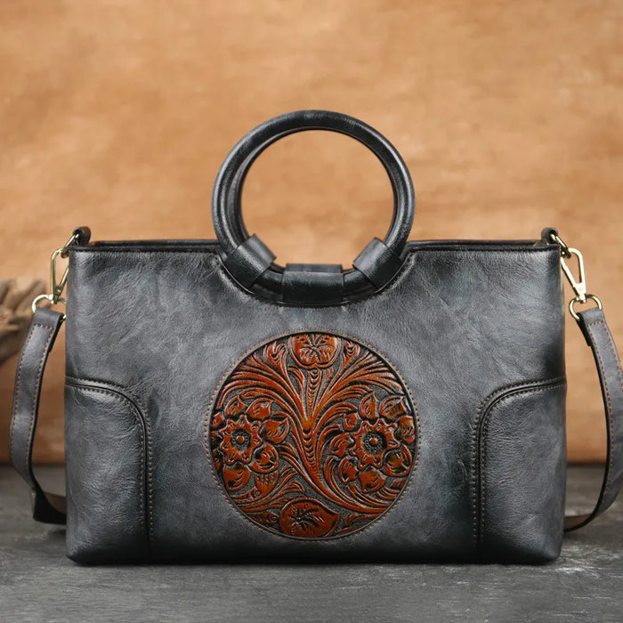 Elegant Handmade Floral Embossed Leather Shoulder Bag - Vintage Large Capacity Handbag for Women