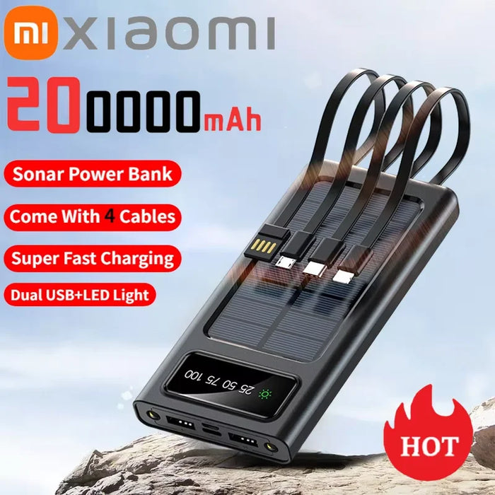 Xiaomi Solar Power Bank 200000mAh Batería de carga rápida de energía móvil de gran capacidad con USB dual y 4 cables para iPhone y Samsung