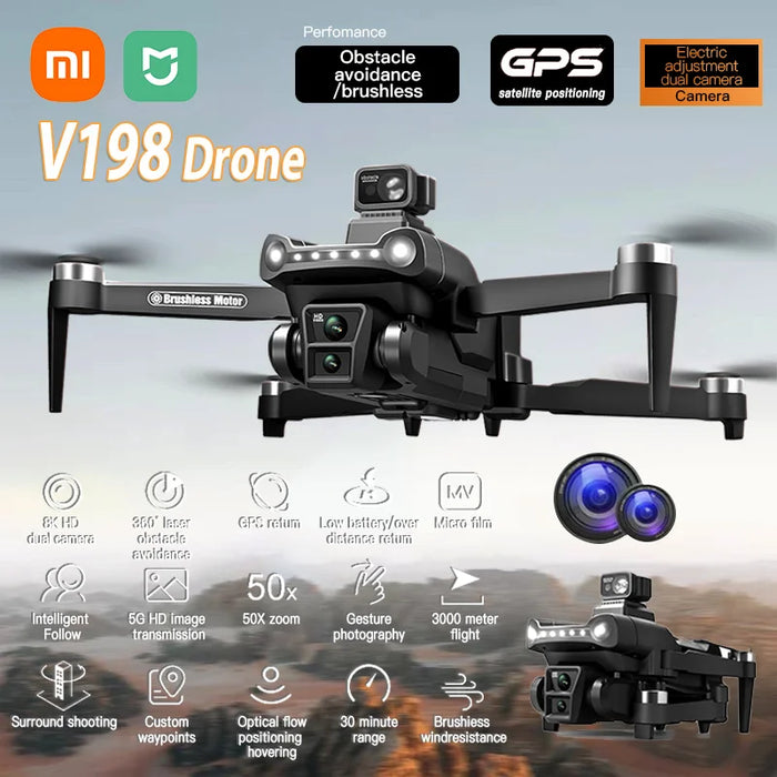 V198 GPS-Drohne für Xiaomi mit professioneller 8K-HD-Kamera, 5G-WLAN, Hindernisvermeidungsfunktion, optischem Fluss, Bürstenmotor, faltbarem Quadrocopter