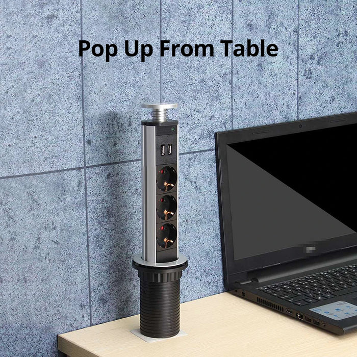 Prise Pop Up Murale avec 3 Sorties et Ports USB 2,4A - Rallonge 2M en Aluminium Déroulable pour Tablette de Cuisine