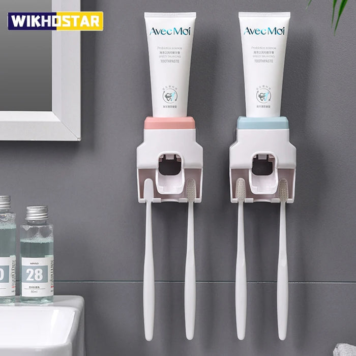 WIKHOSTAR Dispensador automático creativo de pasta de dientes con soporte para cepillos de dientes, accesorios de baño y estante de almacenamiento