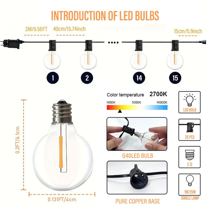 Luz de bola LED G40 impermeable para uso en exteriores - Iluminación de jardín para decoración de fiestas y Navidad