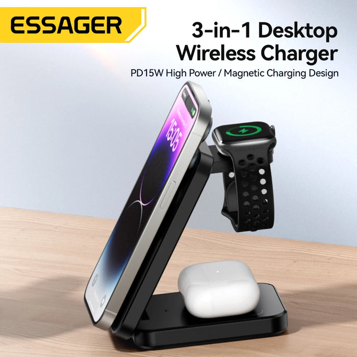 Essager-Soporte de cargador magnético 3 en 1, carga inalámbrica de 15W para iPhone 15, 14, 13, 12, Apple Watch, Airpods Pro, soporte de base para cargadores