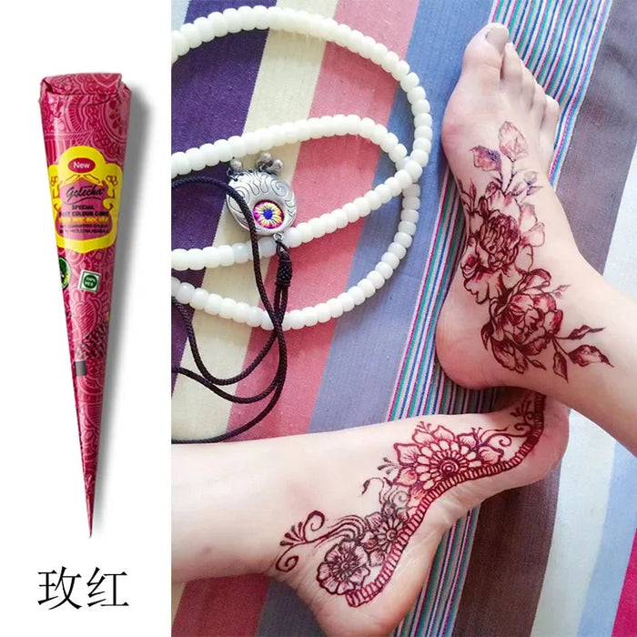 Neue Henna-Paste in Schwarz, Braun, Rot und Weiß – Indische Henna-Kegel für selbstgemachte temporäre Tattoos und Körperbemalung