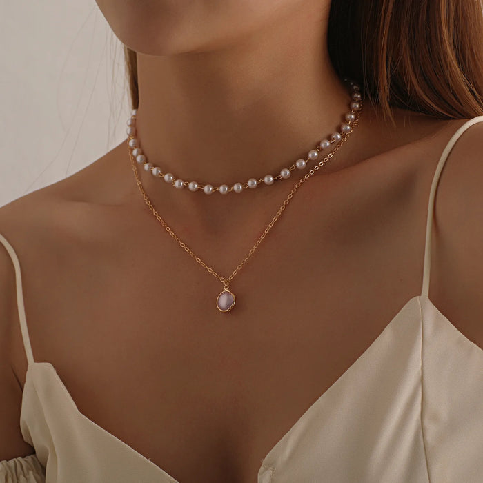 Gargantilla Simple de Perlas con Doble Cadena y Colgante de Corazón - Joyería para Mujer