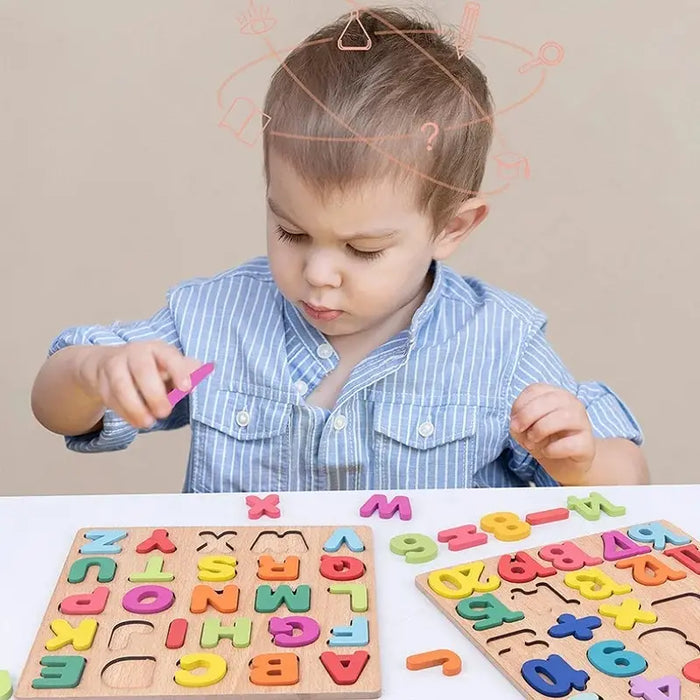 Puzzle de lettres et de chiffres en bois colorés pour enfants – Casse-tête pour les enfants d'âge préscolaire et l'éducation précoce