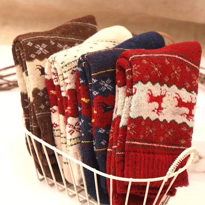 5 paires de chaussettes épaisses à motif d'élan - Chaussettes de Noël confortables et chaudes pour femmes