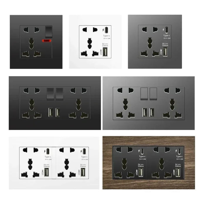 Universell 18W Type-C Snabbladdning 5-pins uttag, UK Vägguttag med USB-laddare, Vit smart Dubbel eluttag