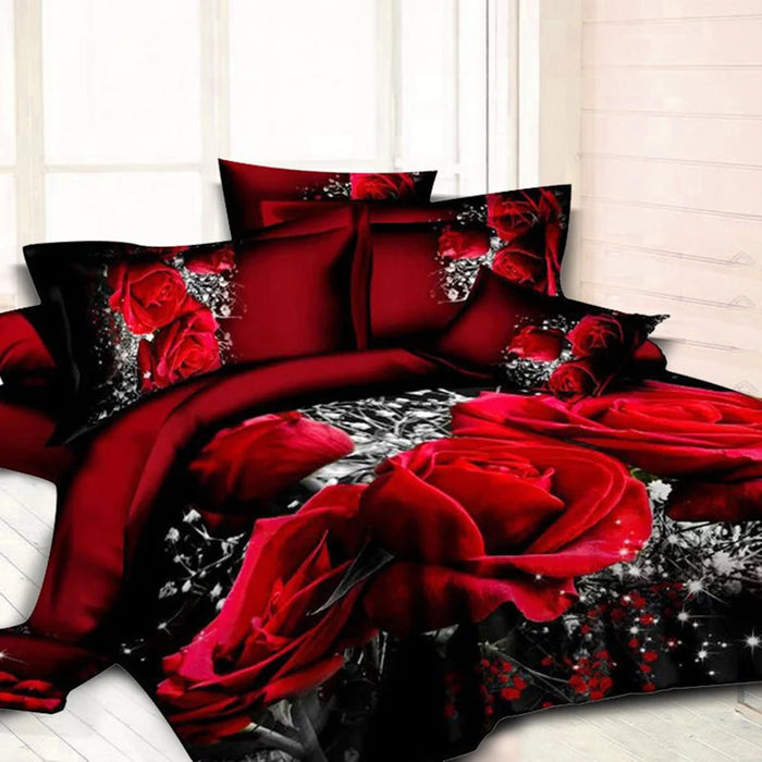 Parure de lit romantique 4 pièces avec roses rouges 3D pour lit king size – Parfait pour les mariages et les occasions spéciales