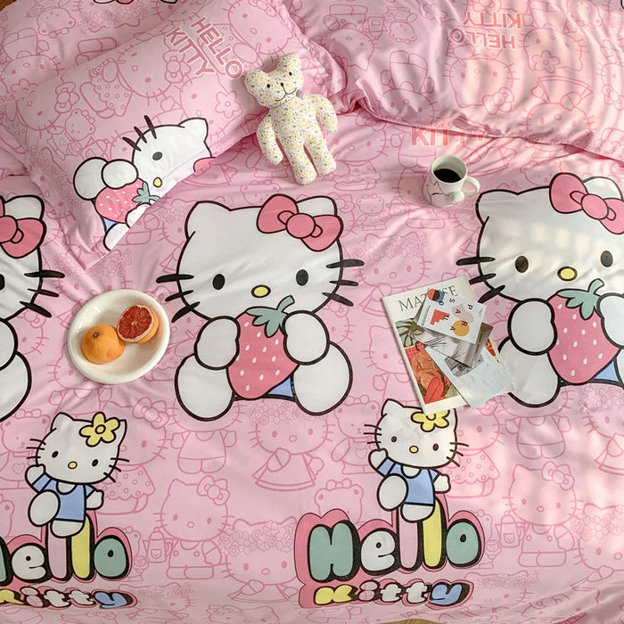 Niedliches Sanrio Hello Kitty Baumwoll-Bettwäsche-Set – vierteilig mit doppeltem Kissenbezug für Flickr-Zimmer und Heimtextilien