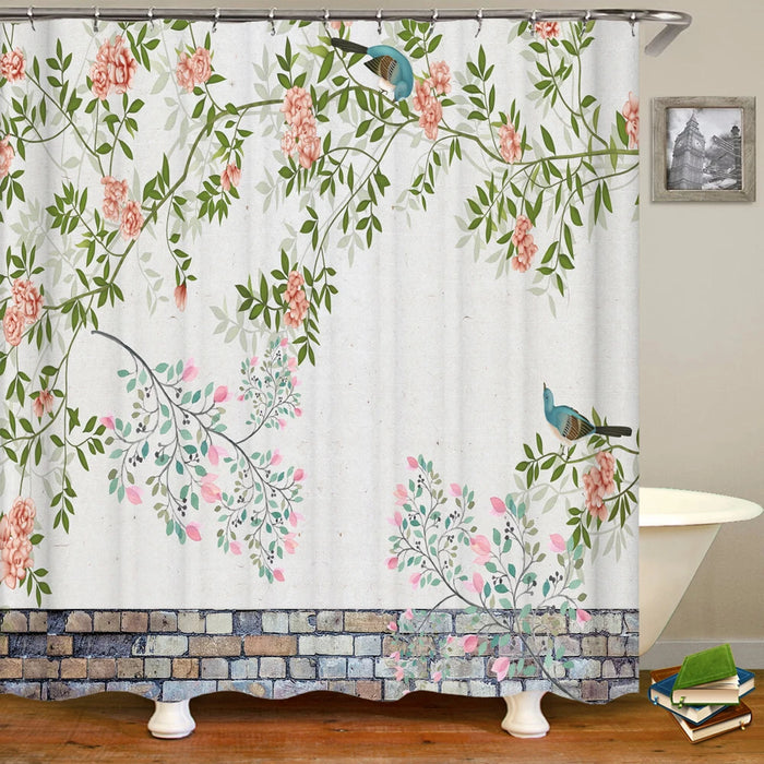 Rideau de douche fleurs et oiseaux de style chinois, décor de salle de bain étanche avec crochets, rideau de douche imprimé 3D