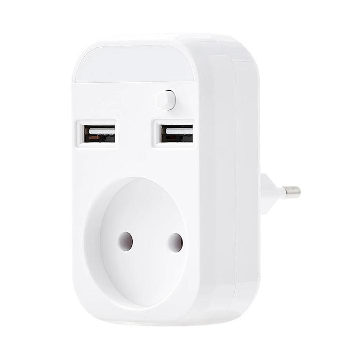 Adaptateur de prise murale USB ue avec 2 prises, 2 ports USB, veilleuse et interrupteur, rallonge 5V 2A Z4-02