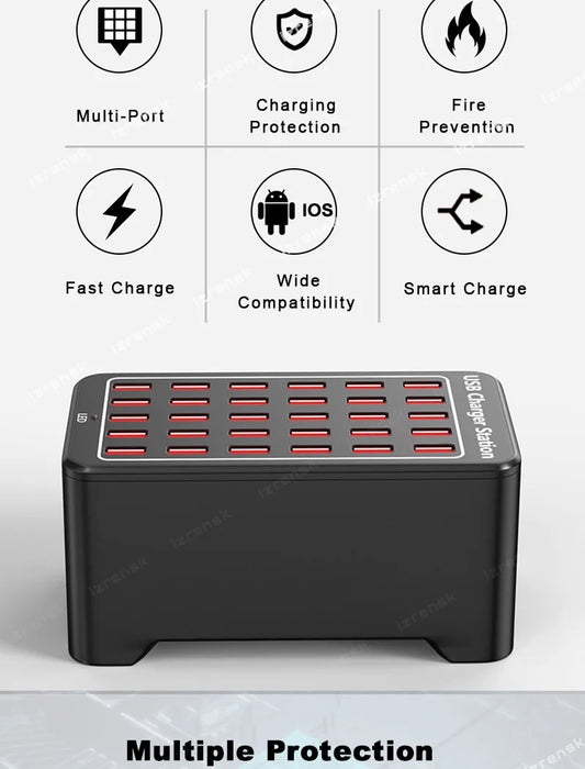 Estación de carga USB de 150 W: cargador multipuerto universal para múltiples dispositivos con 10-30 puertos, compatible con adaptadores de corriente de EE. UU., UE, AU y Reino Unido