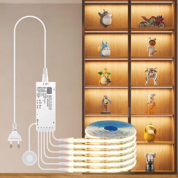 Tira de luz LED COB para exhibición de colección debajo del gabinete para estantería, armario y guardarropa con sensor táctil regulable