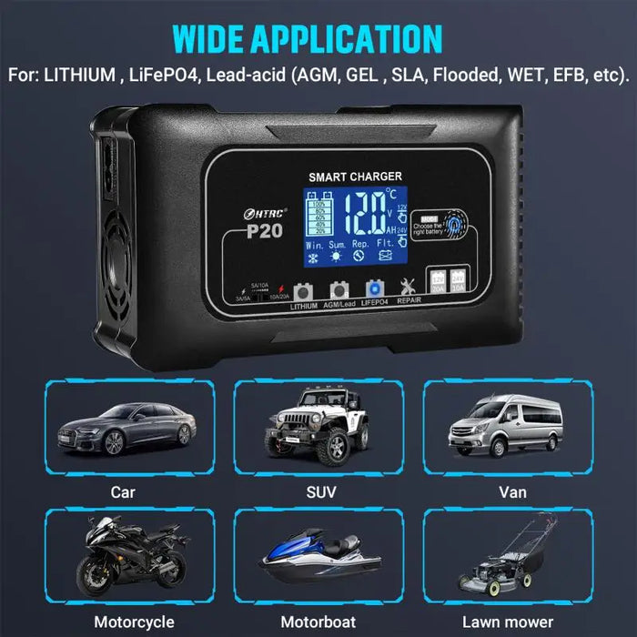 HTRC P20/P15/P10 12 V-24 V chargeur de batterie de voiture LCD réparation automatique d'impulsion charge pour Lifepo4 AGM chargeur de batterie au Lithium au plomb