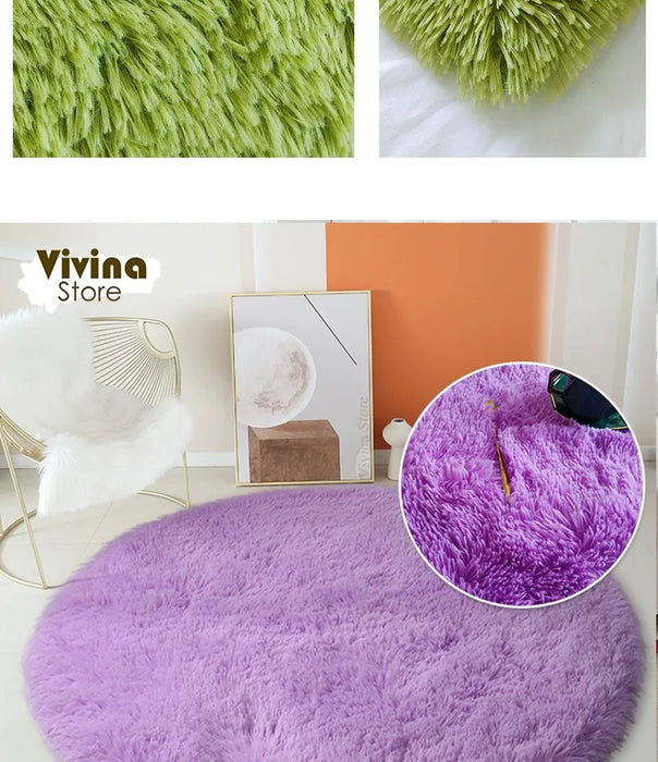 Round Green Plush Rug for Living Room - Fluffy Carpet for Sofa and Chairs, Long-Haired Floor Mat for Bathroom and Kids' Room Décor