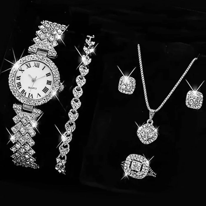 Ensemble de bijoux en cristal de luxe pour femmes - montre, collier, boucles d'oreilles, bague et bracelet