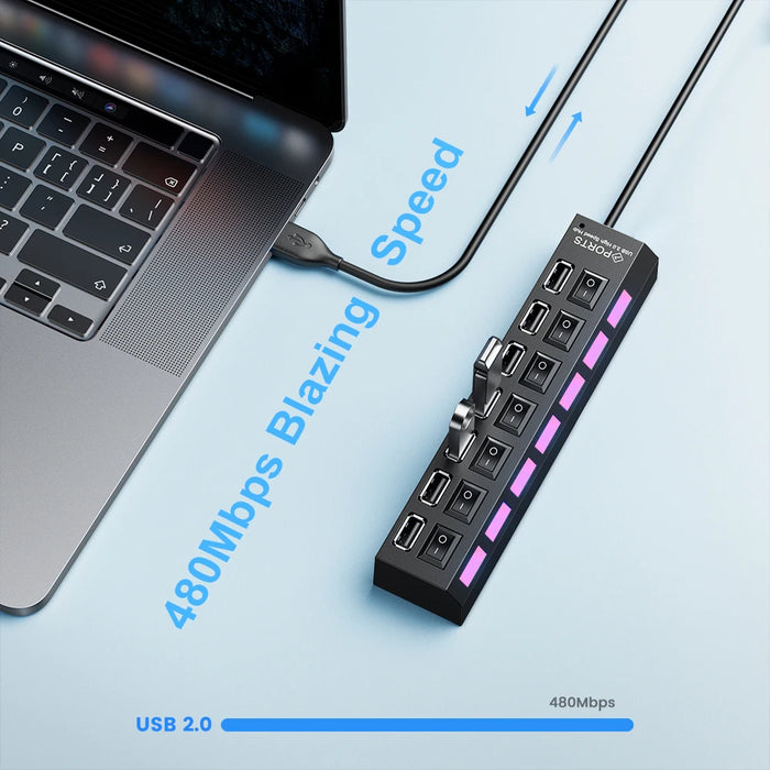 USB 2.0 Hub Multiport Splitter with Power Adapter 4/7 Ports and Power Switch 30CM Cable for Home