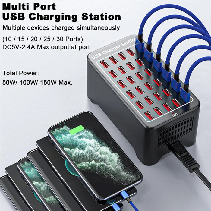 Estación de carga USB de 150 W: cargador multipuerto universal para múltiples dispositivos con 10-30 puertos, compatible con adaptadores de corriente de EE. UU., UE, AU y Reino Unido