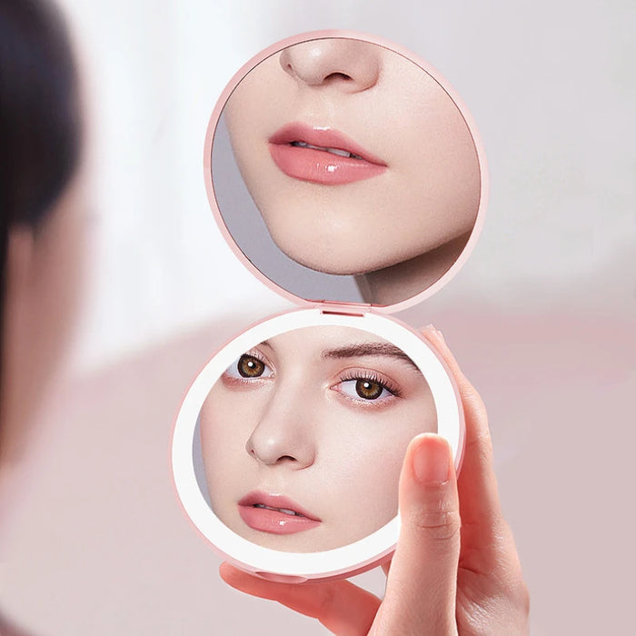 Espejo de maquillaje plegable cosmético con luz LED pequeño personalizado para damas con efecto luminoso - Mini espejo blanco rosa