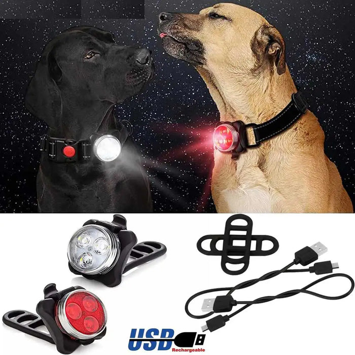 Luz LED de seguridad para perros 4 modos: recargable por USB, aleación de aluminio, resistente al agua para uso en exteriores, accesorios nocturnos para collares y arneses para perros.