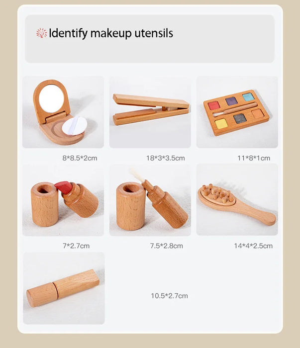 Spiel-Make-up-Set aus Holz für Mädchen – simulierte Schönheitsprodukte mit Lippenstift und Lidschatten – perfektes Geschenk für Kleinkinder