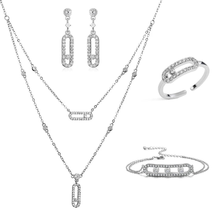 RAKOL Ensemble de bijoux géométriques double couche avec collier, boucles d'oreilles, bague et bracelet pour femme – Cadeaux élégants pour les occasions festives