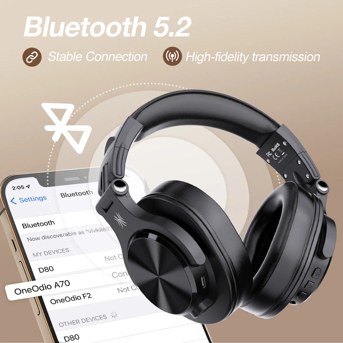 OneOdio A70 trådlösa hörlurar med mikrofon - Bluetooth 5.2 On-Ear Professional Studio Monitor DJ-hörlurar