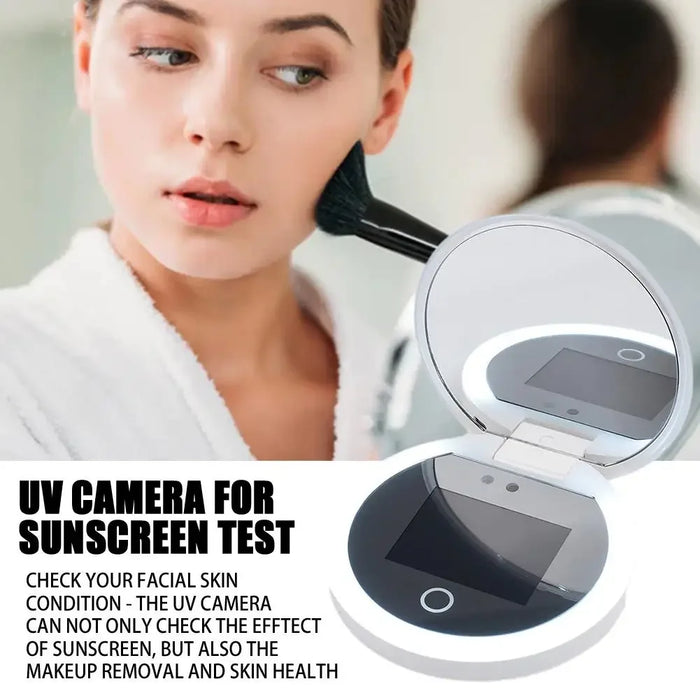 Intelligente UV-Sonnensicherheitskamera mit Make-up-Spiegel und LED, tragbarer wiederaufladbarer Spiegel für Schönheits- und Sonnenschutzanalysen.