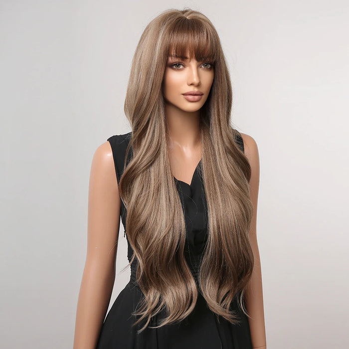 HAIRCUBE – perruque synthétique brune mixte blonde avec frange, perruque longue et ondulée naturelle pour femmes, usage quotidien, Cosplay, résistante à la chaleur