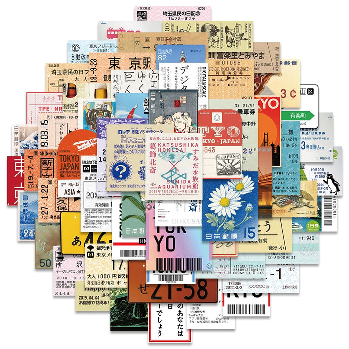 Paquete de 60 pegatinas japonesas estilo INS: postales, billetes y diseños de sellos retro para decorar diarios de viaje y accesorios