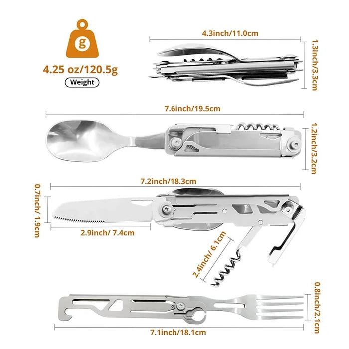 Cubiertos plegables para acampar: plato, cuchillo, cuchara, tenedor, abridor de botellas y abrelatas portátiles multifuncionales para picnic