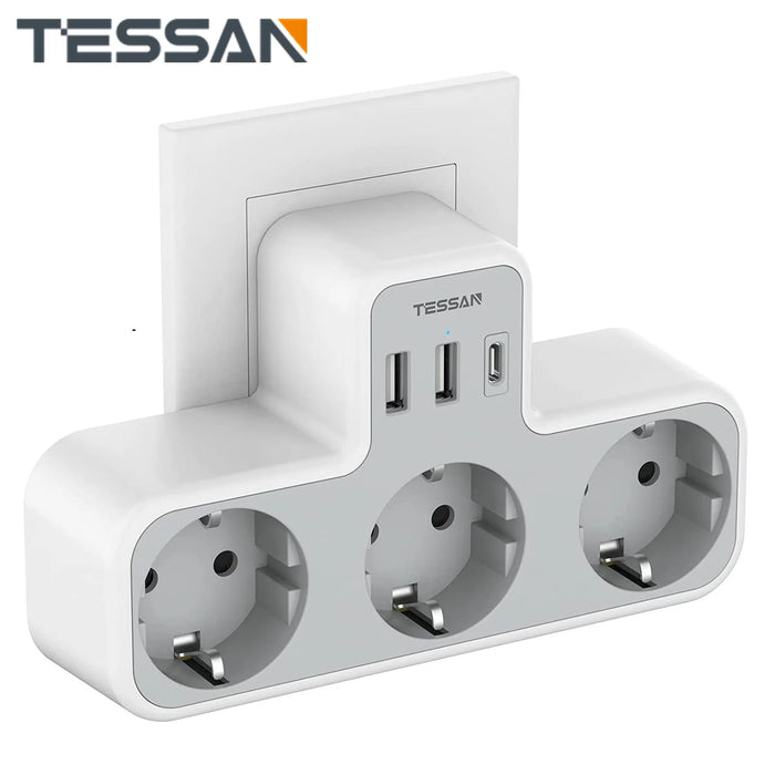 Enchufe TESSAN EU con 3 salidas de CA + 3 puertos USB, cargador de pared 6 en 1 con protección contra sobrecarga para el hogar