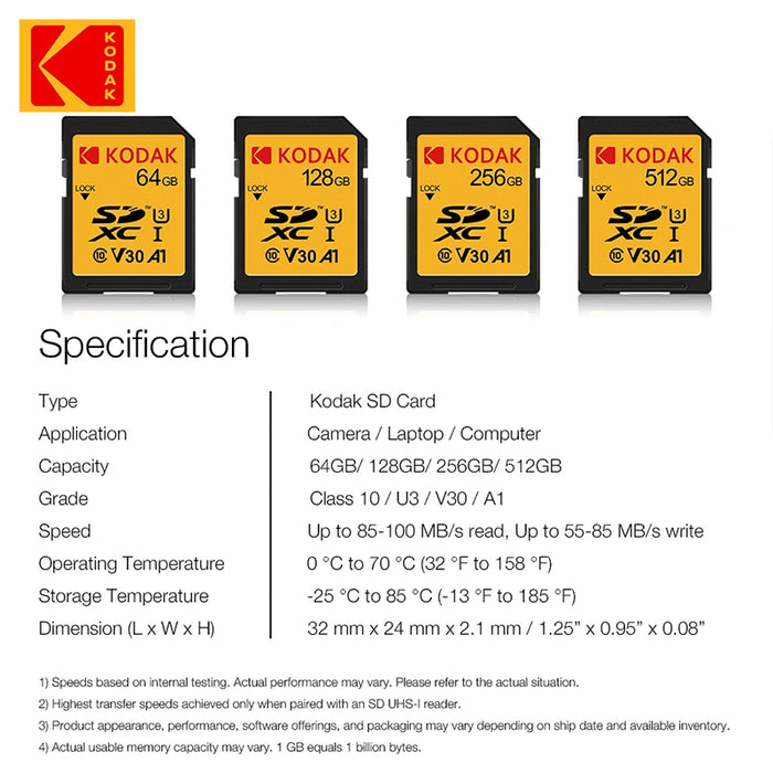 Tarjeta Kodak Ultra SD 64GB SDXC 128GB 32GB 16GB Tarjeta de memoria Flash Clase 10 para vídeo 4K SDHC Full HD