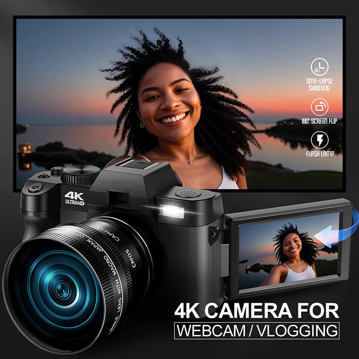 G-Anica 4K-Makroobjektiv-Digitalkamera mit drehbarem Bildschirm – 48 MP Selfie-Kamera für Youtube Vlog, WIFI-Webcam und Videorecorder mit 16-fachem Digitalzoom