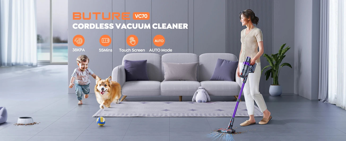 BUTURE Aspirateur à main sans fil 38 Kpa 450 W avec réglage automatique de l'aspiration et collecte de poussière de 1,5 L pour poils d'animaux/tapis/sols durs