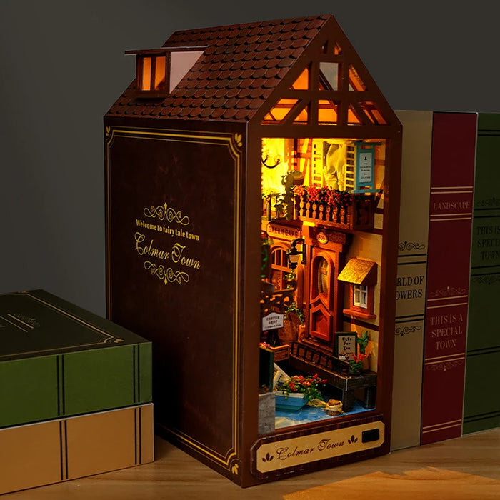 Kit de coin de livre miniature DIY avec lumière LED – Modèle de puzzle en bois 3D pour maison de poupée, livres et décoration – Cadeau parfait pour les adultes pour un anniversaire