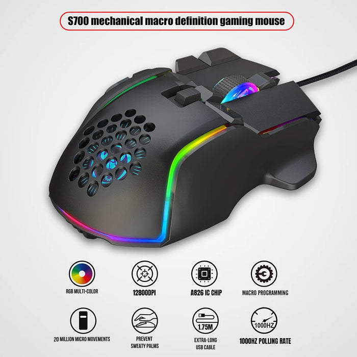 Nouvelle souris de jeu USB avec rétro-éclairage RVB - Souris de jeu ergonomique avec 10 boutons programmables et 7200 DPI