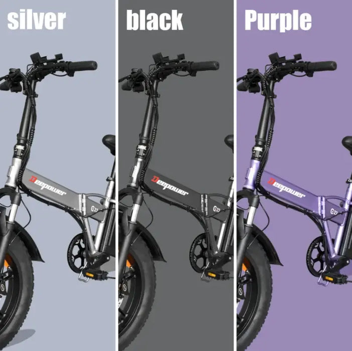 Electric folding fat-tire bike shown in silver, black, and purple color options.