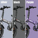 Electric folding fat-tire bike shown in silver, black, and purple color options.