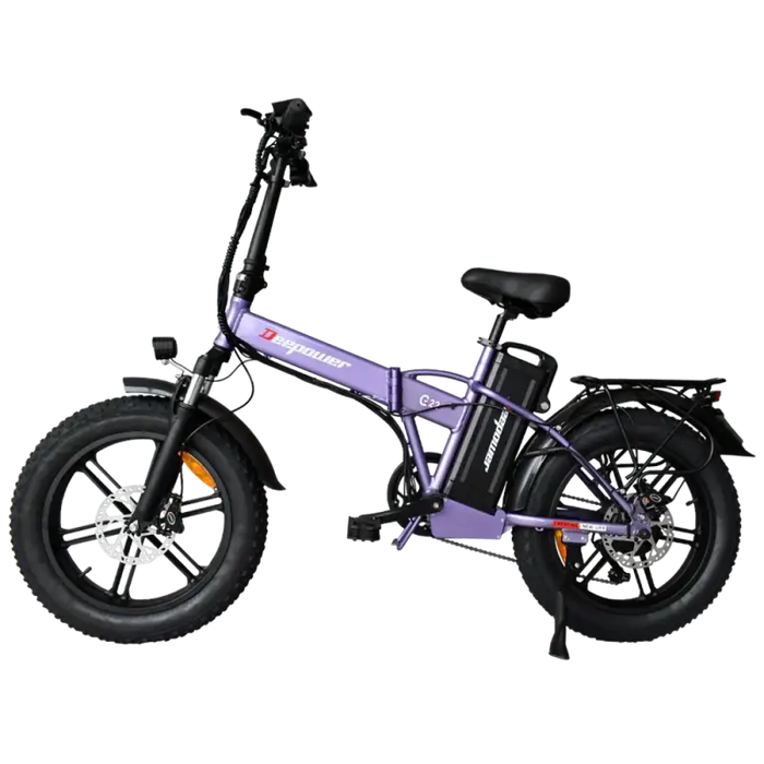 Purple folding electric fat-tire bicycle with black accents.