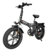 Black folding electric fat-tire bicycle with pedal assist.