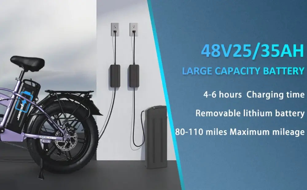 Electric bicycle with charging stations and battery specifications displayed.