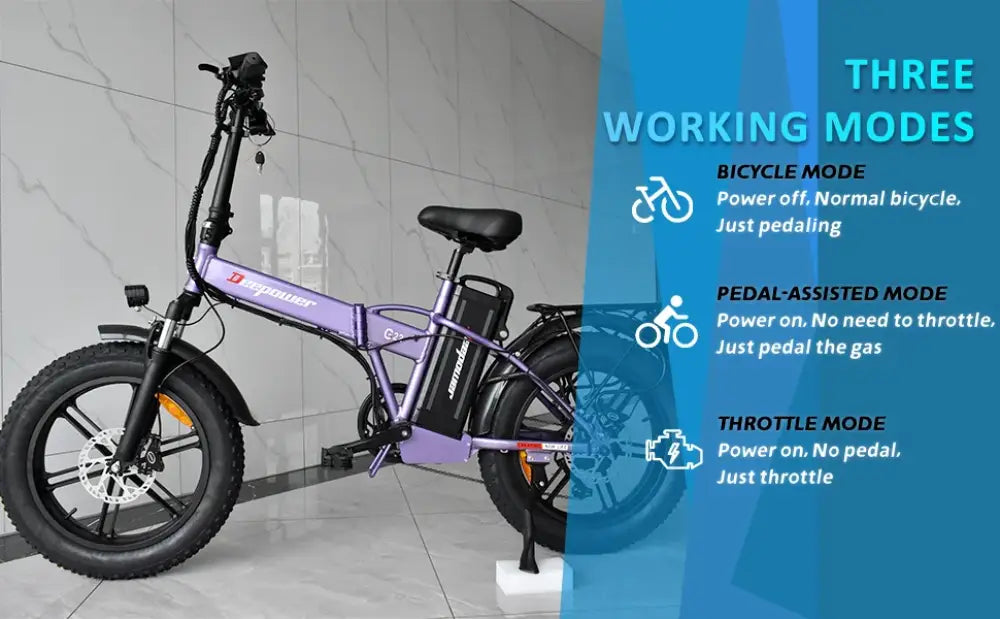 Foldable electric bicycle with three riding modes displayed alongside its operating instructions.