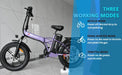 Foldable electric bicycle with three riding modes displayed alongside its operating instructions.