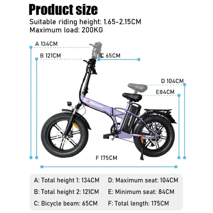 Purple and black folding electric bicycle with detailed size specifications.